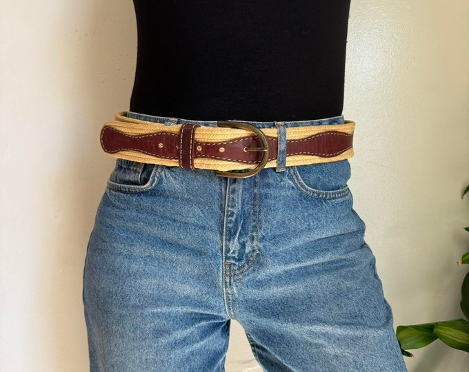 Vintage beige and brown woven & leather wide belt