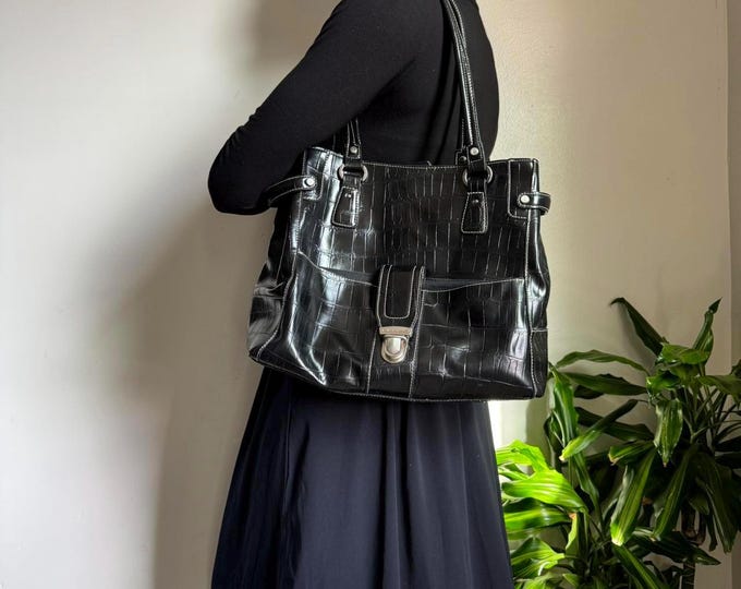 Vintage coquette black faux croco tote Shoulder bag