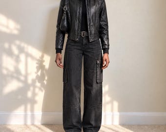 90s genuine leather black biker jacket size 5/6