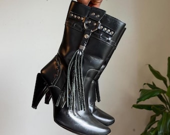 Diesel zwarte leren laarzen met studs, franjes en hakken, avant-garde westernstijl, maat US 5