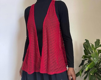 90s Cherry Red Open Knit Cardigan fits S-M
