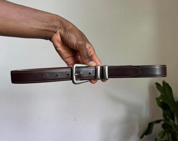 Vintage boho grunge Brown leather belt with silver buckle size 24