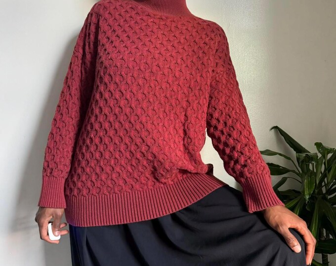 Vintage oversized burgundy grandpa pullover cable knit cozy sweater size XL
