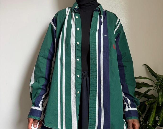 vintage unisex button up long sleeves multi vertical striped shirt size L/G