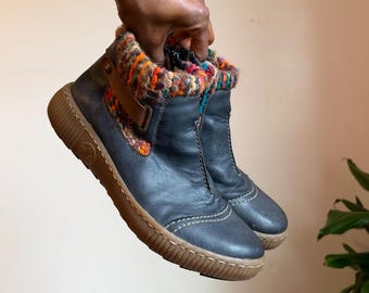 Rieker Leather Ankle Boots Chunky Multicolor Knit Collar Shearling Lined US 10