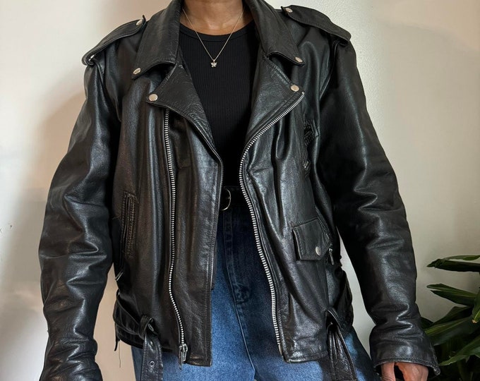 Vintage 80s biker Leather jacket with waist belt