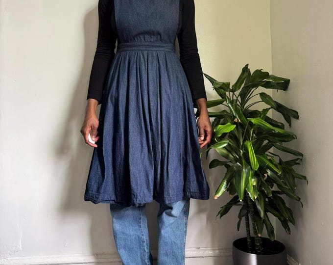 Vintage pinafore ruffle midi denim dress sleeves side bottom size 8