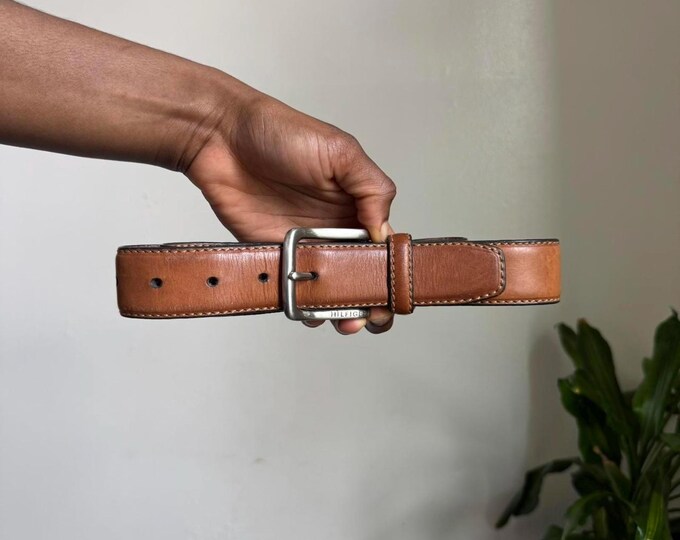 Vintage Tommy Hilfiger minimaliste preppy tan genuine leather belt size 32/80