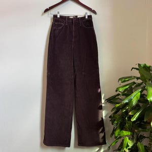 May include: Dark brown corduroy pants hanging on a wooden hanger. The pants have a high waist and wide legs. The fabric has a ribbed texture. The pants are displayed against a neutral background.