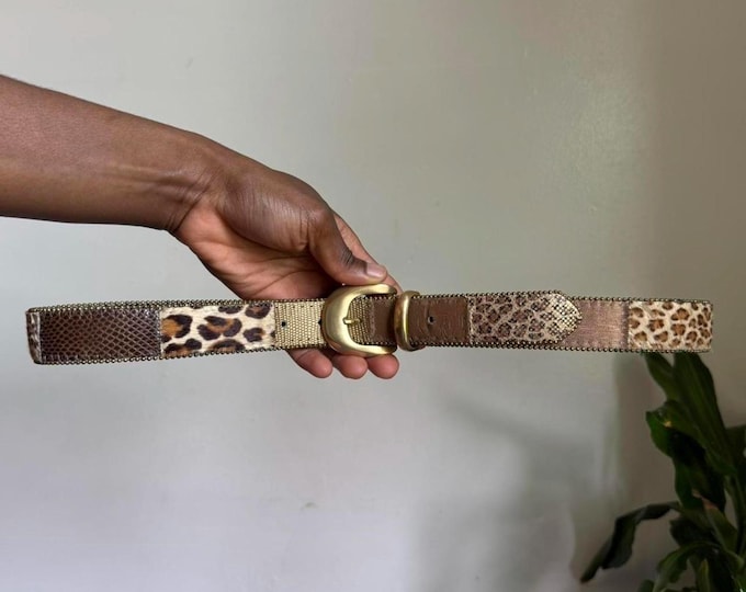 Vintage Elite Tan and brown animal print belt with gold buckle size L