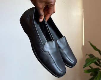 Y2k Black Leather Slip On Loafers Square Toe minimalist women’s 9M