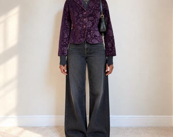 Jaren 90 Talbots blazer van fluweel met bloemenprint in pruimpaarse kleur Whimsigoth, maat 8P