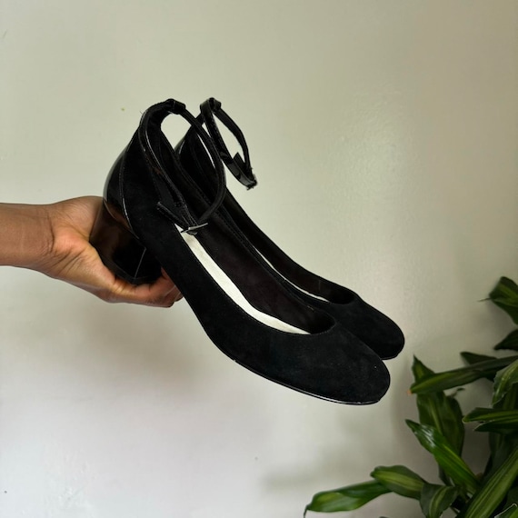 Women black suede ankle-strap block heel pumps Ba… - image 2