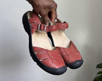 Sandalias Mary Jane de cuero KEEN Presidio, color rojo ladrillo, talla 8.5 para niña.
