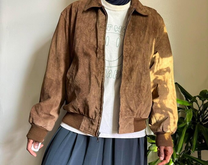 Vintage Unisex Brown gorpcore streetwear Bomber suede Leather size L