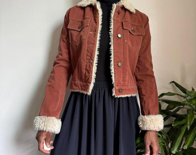 Vintage Y2K faded orange Sherpa lined cropped jacket size M