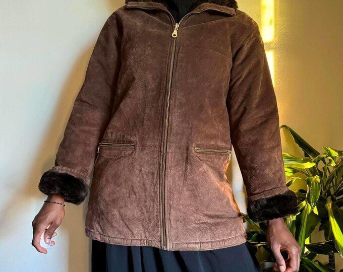 Vintage oversized leather suede & cheetah print fur reversible jacket size L