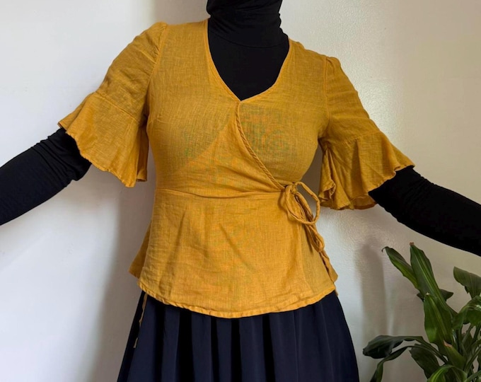Yellow linen wrap top with ruffle sleeves size S