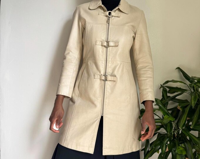 Vintage cream coquette streetwear leather jacket with multiple stripes buckle M