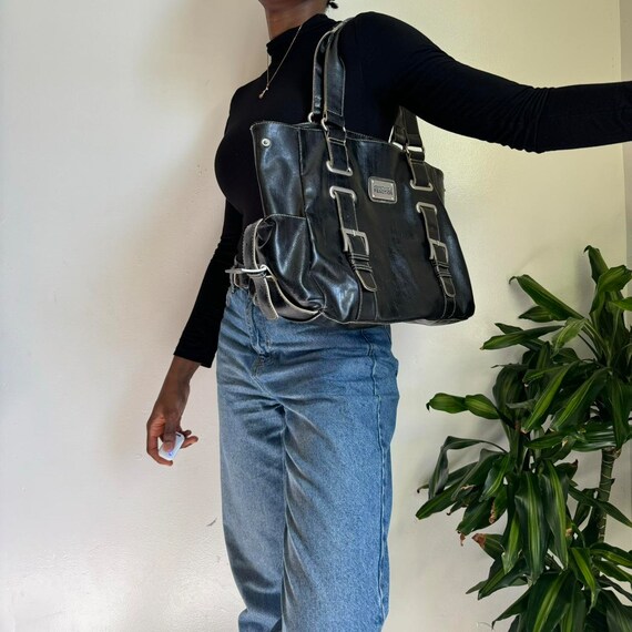 Vintage faux leather black grunge shoulder tote b… - image 2