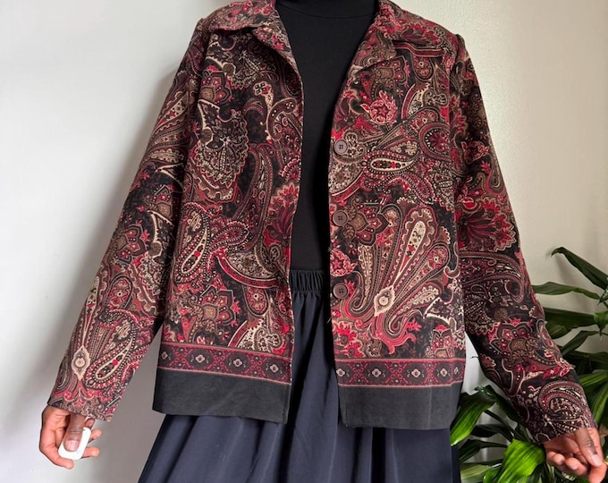 Vintage burgundy floral kimono shirt boho hippie buttom down Ornate size XL