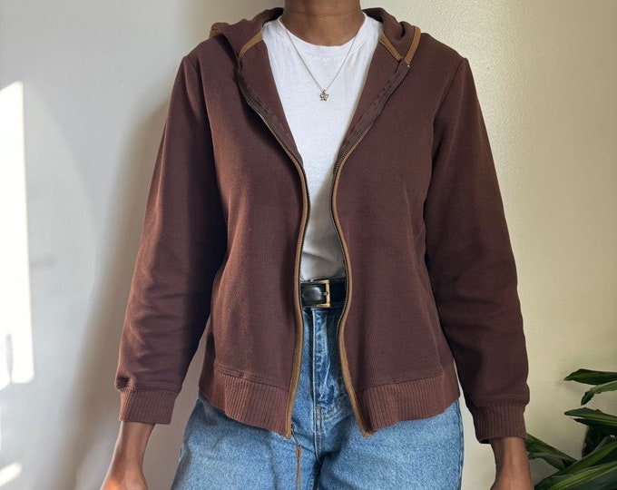 Vintage Zip up solid brown hooded lightweight sweater