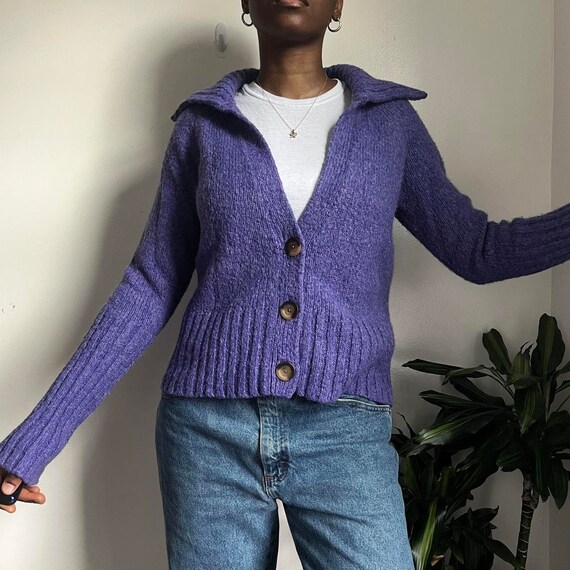 Purple button down knit cardigan collard sweater - image 3
