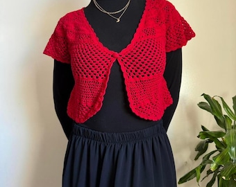 Bolero de crochet rojo, vintage, romántico, oscuro, de Talbot, de los años 90