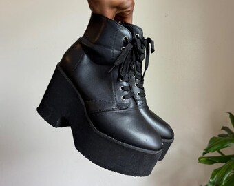 Stivali neri con zeppa e plateau, allacciatura, stile gotico grunge, taglia US 10
