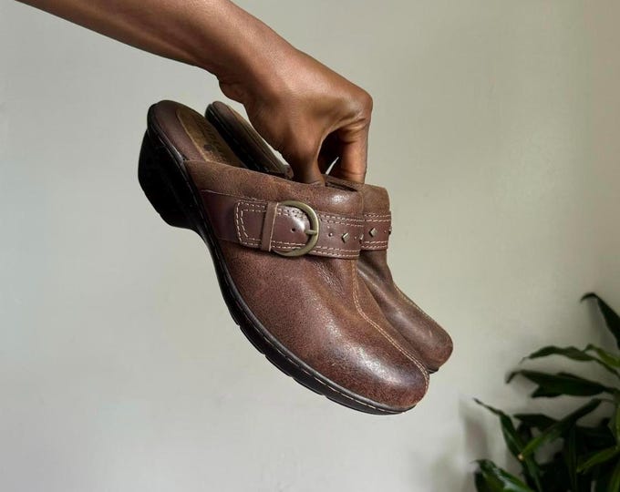 Vintage Brown Women Mule Clogs sandals with side buckles