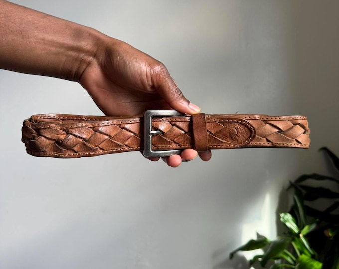 Vintage boho grunge Braided western genuine leather belt size 42