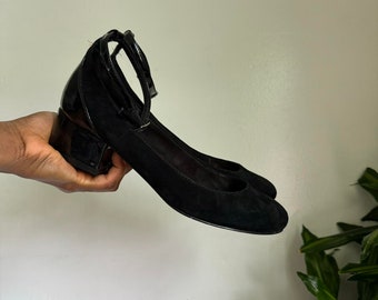 Women black suede ankle-strap block heel pumps Ballet