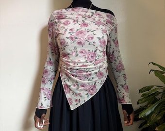 Pink rose Floral Asymmetrical Coquette Mesh Top
