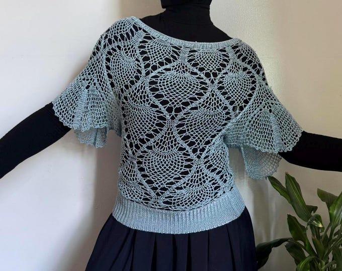 Vintage Light blue crochet top with flared sleeves size L stretchy
