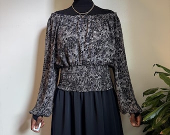 Dark romantic off shoulder abstract smocked waist ballon sleeves blouse  size 12