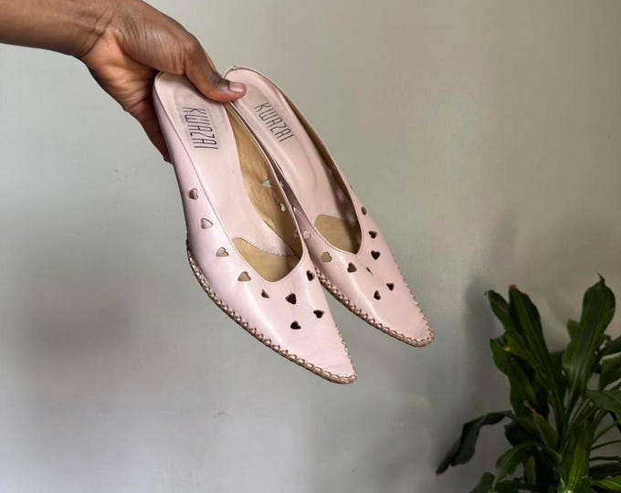 Vintage Kwazai Y2K Pink kitten heels pointed toe mules leather sandals size 38/8