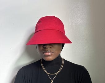 2000s Cherry Red Cotton Bucket Sun Hat with Tie Back Bow (24" Circumference)