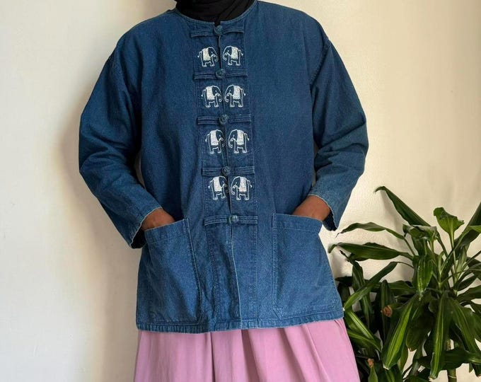 Vintage long sleeves kimono denim cardigan with embroidered elephants Size L