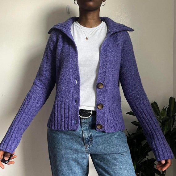 Purple button down knit cardigan collard sweater - image 2