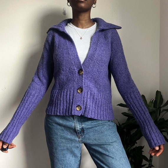 Purple button down knit cardigan collard sweater - image 4