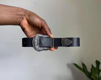 Vintage classic Black Imitation‎ leather belt with silver buckle size 44 Noir - Classic Black Italian Leather Belt With Silver Buckle  main image 4
