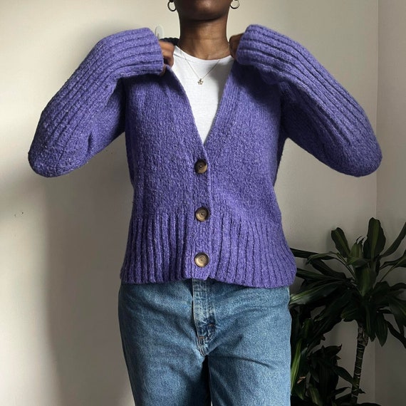 Purple button down knit cardigan collard sweater - image 5