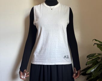 Vintage uniseks Russell Athletic Muscle T-shirt wit mouwloos - M