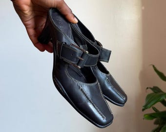 90s George Black Leather Square Toe Buckle Mule Heels US 6.5