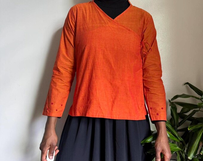 Vintage orange kimono top floral embroidered indie hippie bow tie M