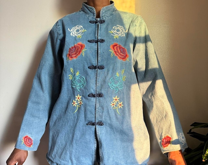 Vintage floral long sleeves kimono denim cardigan
