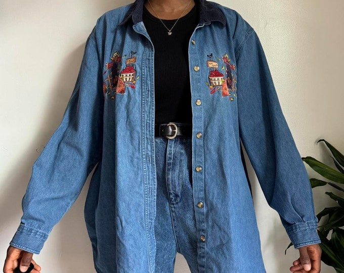 vintage oversized cottage button up long sleeves denim shirt