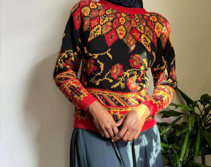 Vintage Knit Multicolor Flowers Sweater size M petite
