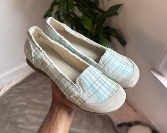 Y2K Mudd Plaid blue Slip On Loafers Raw Edge Canvas Flats size 10
