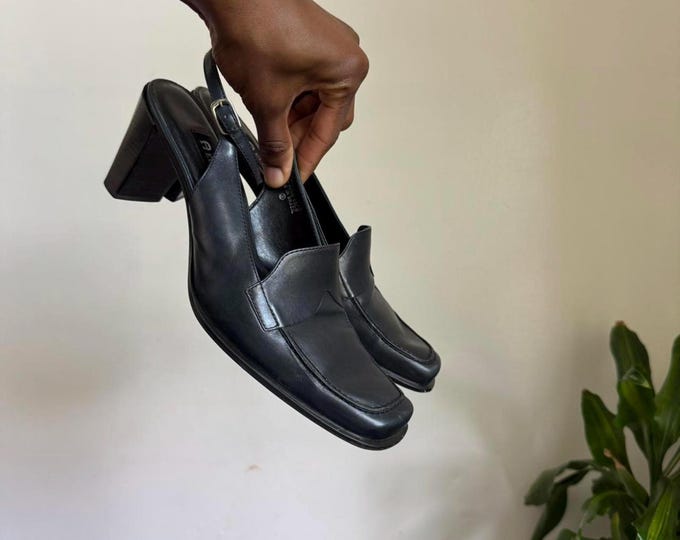 Vintage Étienne Aigner Black block heel mule sling back leather shoes size 8M